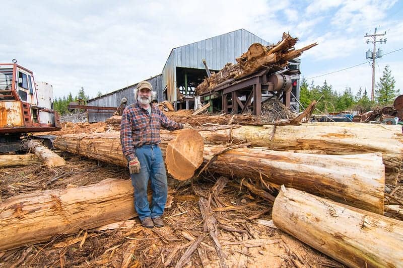 A man standing next to logs in a processing facility.