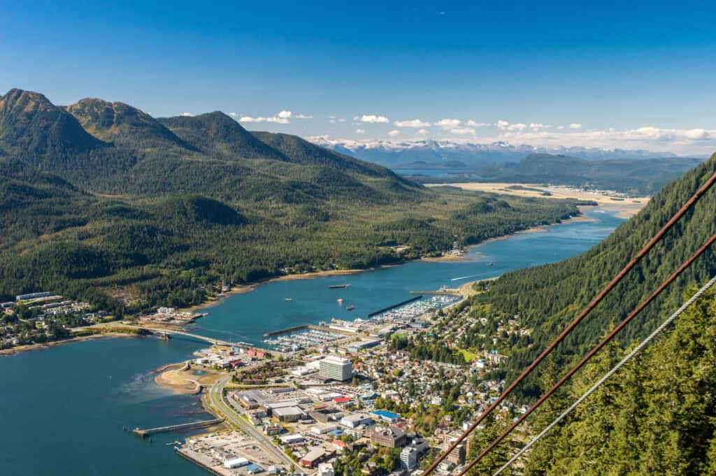 City of Juneau and cruise ship port from Mount Roberts tram. Juneau, Alaska, USA