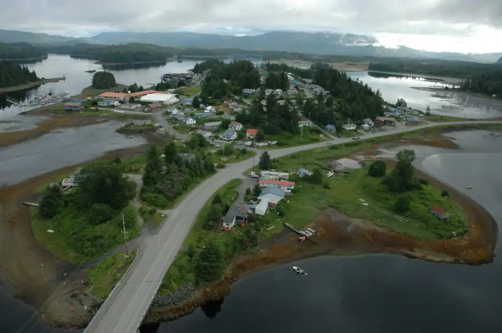 An aerial view of a small town on the shore.