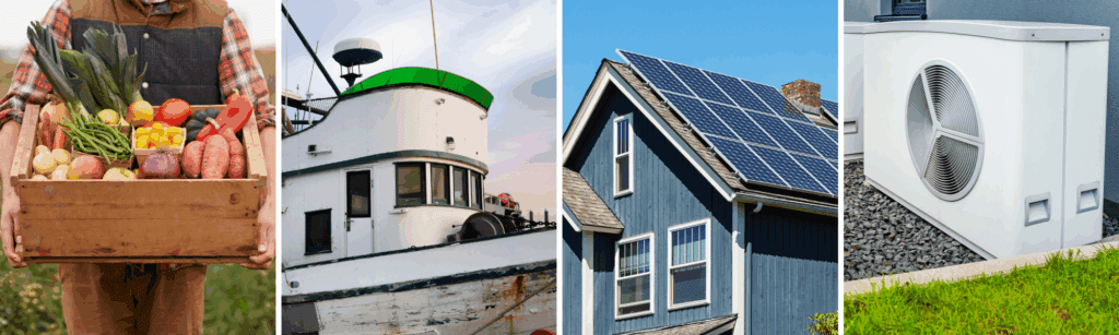 Four pictures. A basket of produce, a ship, a house with solar panels, and a piece of machinery.